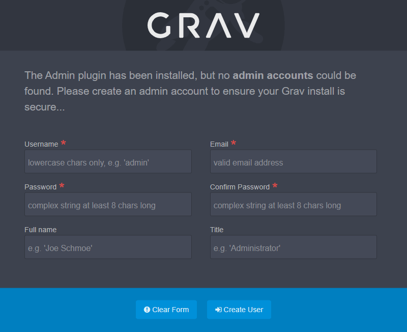 Grav installation create user dialogue