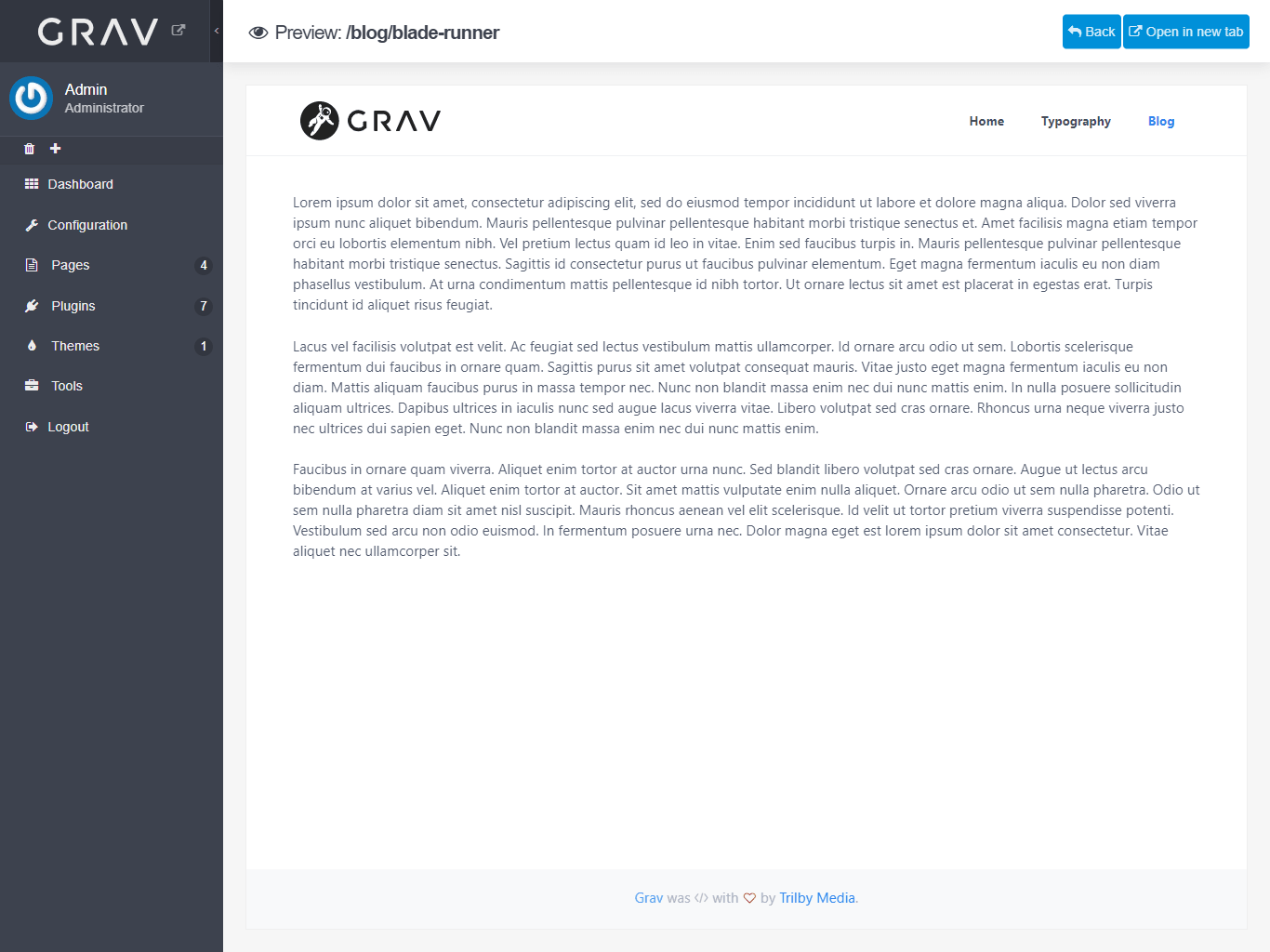 Grav admin page editor preview