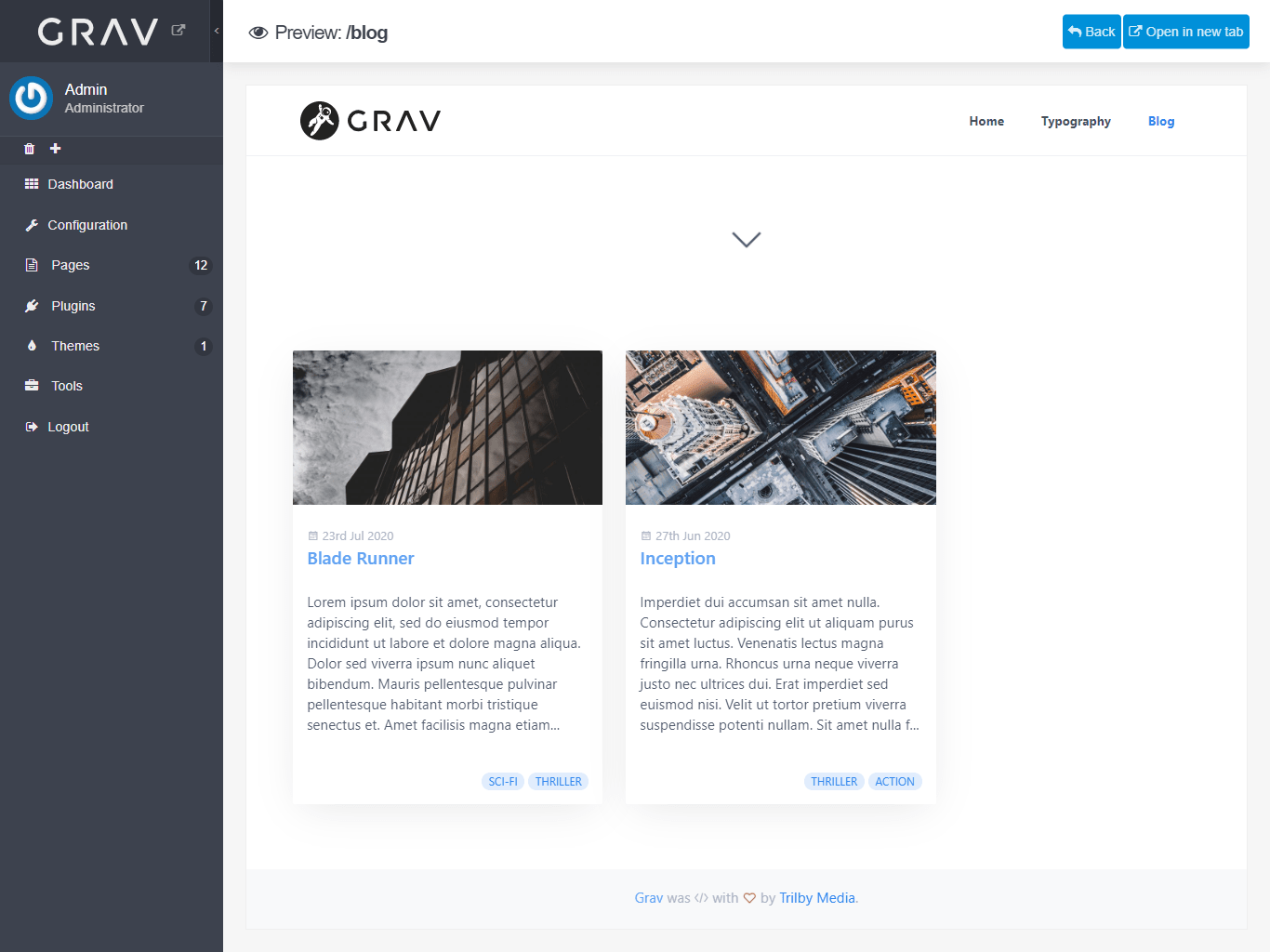 Grav admin page editor preview - Quark blog taxonomy collection