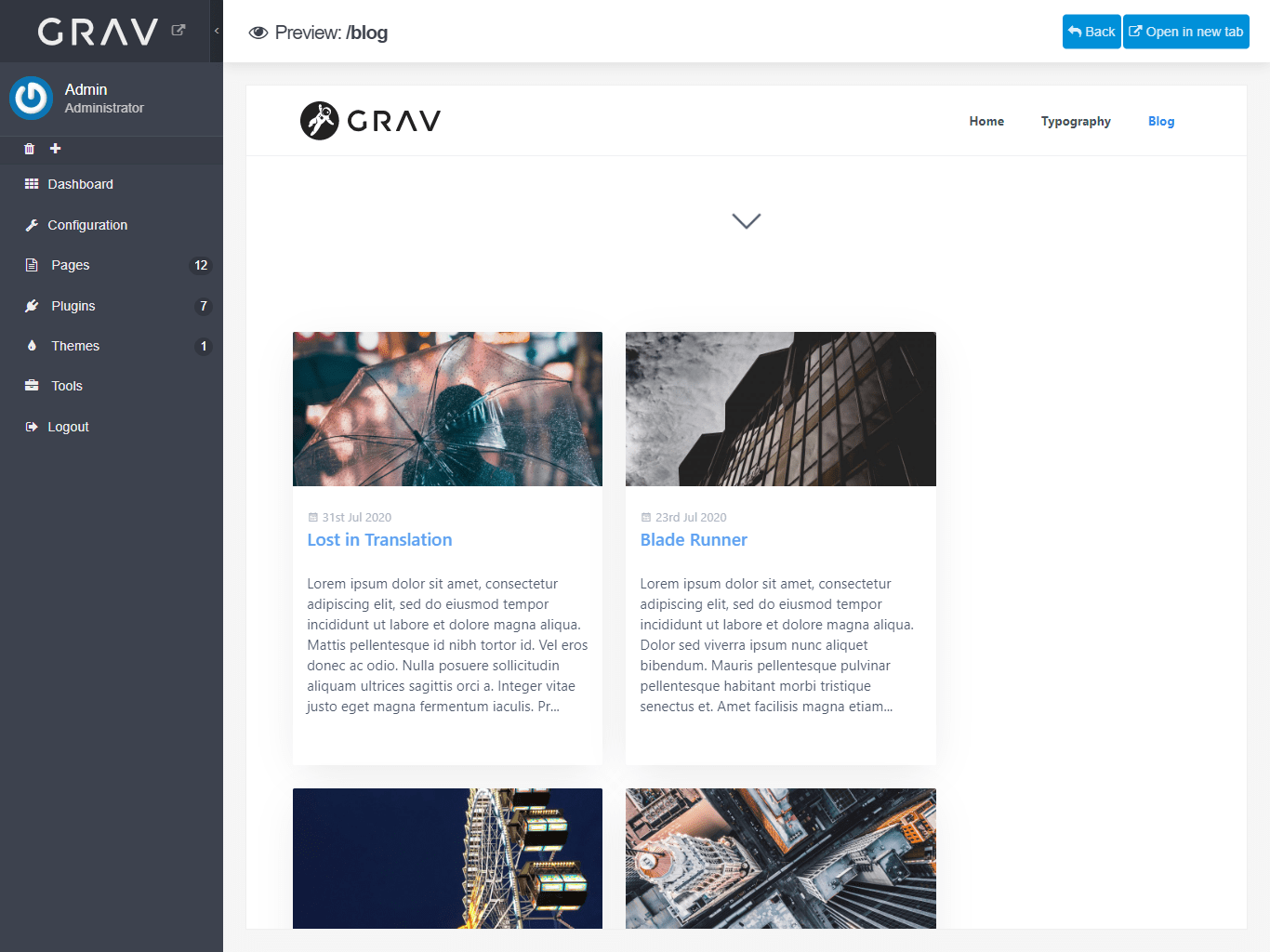 Grav admin page editor preview - Quark blogroll