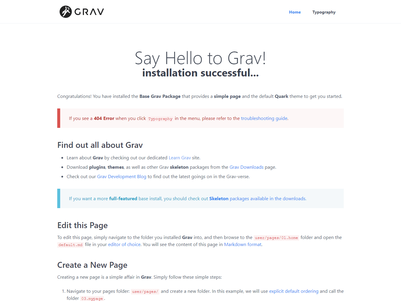 Grav default homepage