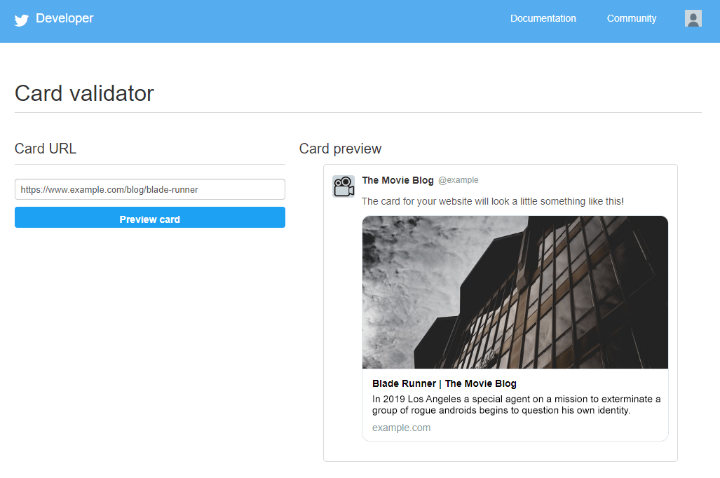 Twitter card validator example